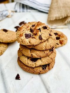 chocolate chip cookies stacked on top of each other