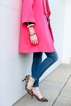 Capitol Hill Style, Pink Raincoat, Friday Outfit, Leopard Heels, Denim Wear, Capitol Hill, Raincoats For Women, Pink Coat, Professional Women