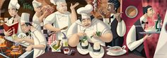 an image of a painting of chefs in the kitchen with their hands up and plates full of food