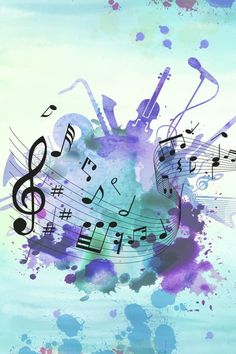 an abstract music background with musical notes painted in watercolors and splashing paint