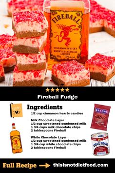 an ad for fireball fudge with red and white frosting on it's side