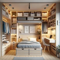 a bedroom with a bed, desk and drawers in the closet area is lit up by recessed lighting