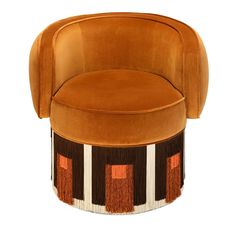 an orange and brown chair with fringes on it