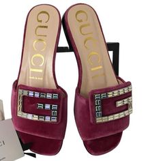 Gucci Women's Velvet Buckle Crystal G Details Slide Sandals Sz 36.5 Pink Rose Color     Brand Gucci     Style Slide Sandals     Color Pink Rose     Closure Slip on     Features Front Buckle With Crystal G, Velvet Slides, Heel 1cm, Included Dust Bag     New With Box     Material Cotton / Velvet     Model 551445 K4D00 Elegant Pink Sandals With Buckle Closure, Designer Flat Sandals With Buckle Closure, Gucci Sandals With Heel Strap, Luxury Flat Sandals With Buckle Closure, Flat Sandals With Buckle Closure For Evening, Luxury Pink Embellished Sandals, Pink Slip-on Sandals For Evening, Designer Pink Open Toe Sandals, Gucci Luxury Sandals With Buckle Closure