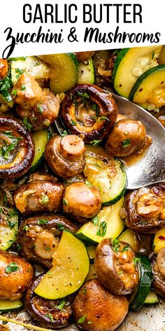 garlic butter zucchini and mushrooms in a skillet with a spoon on top