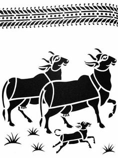 an old black and white drawing of two cows pulling a man on a sleigh