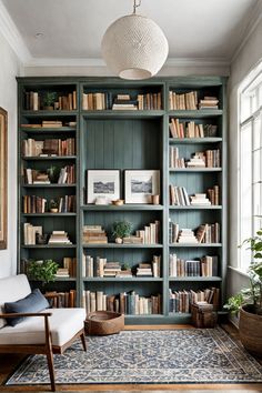 Modern home library idea with a neutral color palette Corner Bookshelves Built In, Old English Library Study, Library Banquette, Wall To Ceiling Bookshelves, Bedroom Into Library, Home Office And Library Ideas, Build In Bookshelves Living Room, Bookcase Color Ideas, Green Reading Room