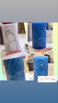 four different pictures of blue candles with designs on them and the candle is made out of wax paper