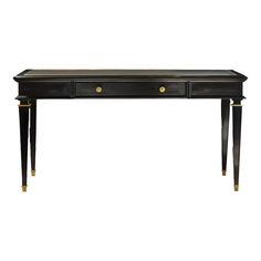 an antique console table with two drawers and gold pulls on the legs, in black lacine