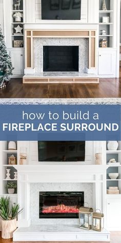 fireplace surround with built - in bookshelves and shelves around the fire place for entertainment