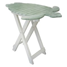 a green and white wooden table with an ironing board on it's legs