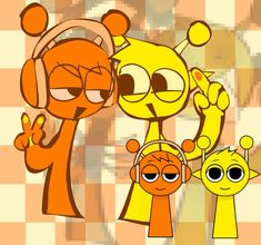 three cartoon characters are standing together in front of a checkered background with orange squares