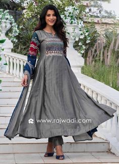 Silk Grey Color Anarkali Set With Dupatta... Anarkali Gray Dupatta For Diwali, Silver Anarkali Set With Dupatta, Semi-stitched Silver Anarkali Set, Gray Anarkali Set For Festive Occasions, Gray Anarkali Set With Dupatta, Party Wear Suits For Women, Shalwar Kameez Women, White Anarkali Suits, Salwar Suit For Women