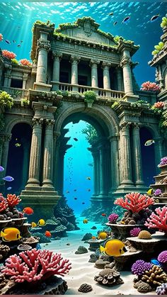 an underwater scene with columns and corals in the water, fish swimming under them