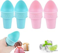 four ice cream cones in different colors and sizes, with one being scooped into an icecream cup