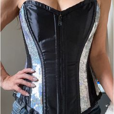 Burleska Corset. This Corset Is Very Strong And Well-Made And Has Boning In The Front And An Awesome Silver, Iridescent Sequin. Zips, Easy On In The Front And Lacing In The Back . The Size Of The Corset Is 22 Which Equals A Size 2-4 So Like An Extra Small I Would Say . It’s Hard To Do Measurements On This Only Because It’s Adjustable In The Back But I Would Say With The Laces Is All The Way Closed Is Probably An Xx Small And Then Releases A Little Bit Enough To Do An Extra Small . I Hope That He Metallic Fitted Corset For Party, Black Sequined Corset For Night Out, Black Sequined Corset, Sequin Corset, Skeleton Halloween Costume, Onesie Costumes, Cowgirl Accessories, Free People Romper, Tan Suit