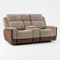 the reclining loveseat with two seats in beige and brown fabric, on a white background