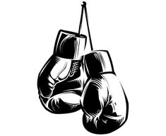 black and white boxing gloves hanging from a rope on a hook illustration in vintage woodcut style