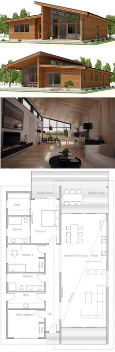 three different views of the inside and outside of a house, including an open floor plan