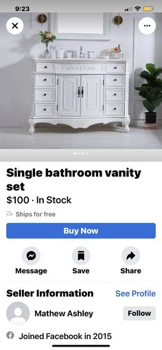 the bathroom vanity is on sale for $ 100 in stock, and it's now up for grabs