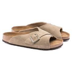 The Birkenstock Arosa Combines The Stability Of An Enclosed Shoe With The Lightness Of A Sandal. Although Closed At The Sides, This Version Is Open At The Toes And Heel To Ensure The Feet Get Enough Fresh Air. With Its Additional Foam Layer, The Soft Footbed Offers Extra Comfort And Pampers Feet All Day Long. The Color-Coordinated Pin Buckles Round Off The Shoe’s Look Of Sophistication. The Upper Is Made From Especially Soft Suede Which Hugs The Foot Like A Second Skin. Original Birkenstock Soft Birkenstock Styles, Round Off, Calf Muscles, Footbed Sandals, Birkenstock Shoes, Soft Suede, Second Skin, Real Leather, Women's Shoes Sandals