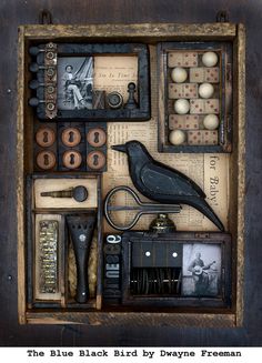 a box filled with assorted items like scissors, hair clips, and a bird