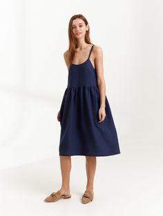 "DULCE is a linen strappy dress. DETAILS - Spaghetti straps - Below the knee length - Smock silhouette - Pockets - 100% lightweight European linen fabric - Cut and sewn to order just for you in our studio COLOR - Navy Blue, you can also choose other colors above - Fabric samples are available here https://www.etsy.com/listing/586569696/linen-fabric-samples SIZING & FIT - Fits true to size - Measurements taken from a size XS - Model is 5'8.9\" / 175cm and wearing a size XS CARE FOR LINEN - Ma Vacation Linen Dress With Adjustable Spaghetti Straps, Linen Dress With Adjustable Spaghetti Straps For Vacation, Summer Knee-length Midi Dress With Straps, Summer Dress With Spaghetti Straps Unlined, Casual Linen Dress With Adjustable Straps For Brunch, Summer Knee-length Suspender Dress With Adjustable Straps, Summer Dress With Spaghetti Straps And Unlined, Summer Spaghetti Strap Unlined Dress, Casual Strap Dresses For Daywear