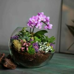 a glass vase filled with purple flowers on top of a green table next to a leaf