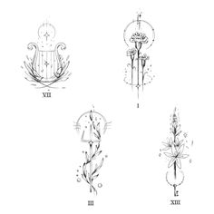 four different types of flowers with numbers and symbols on them, all drawn in one line