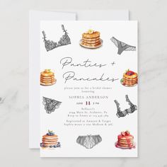 This elegant bridal shower invitation is perfect for brunch and lingerie themed bridal showers. It has a handwritten script "Panties and Pancakes" title and watercolor illustrations of pancakes and black lingerie. Bridal Invitation Ideas, Jack And Jill Bridal Shower Themes, Panties And Pancakes, Lingerie Shower Themes, Pancakes And Panties Bridal Shower, Lingerie Shower Ideas, Themed Bridal Showers, Bachelorette Vibes, Wine Bridal Shower Invitations