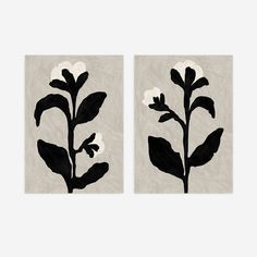 two black and white paintings with flowers on them