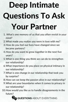 a list of Deep Intimate Questions To Ask Your Partner Questions To Ask Your Partner, Intimate Questions, Romantic Date Night Ideas, Relationship Lessons, Relationship Therapy, Relationship Advice Quotes, Relationship Challenge, Getting To Know Someone, Healthy Relationship Tips