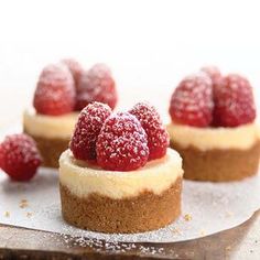 small cheesecakes with fresh raspberries on top