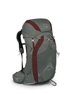 the ospree backpack is grey with red accents and zippers on the front