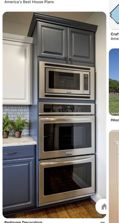 an image of a kitchen with gray cabinets and stainless steel ovens in the same color scheme