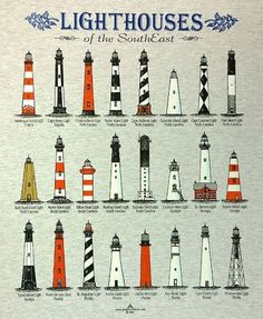 the lighthouses of the southern united states are depicted in this t - shirt design