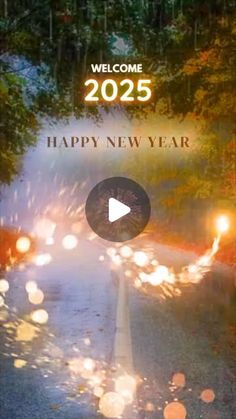 an image of a happy new year with lights on the road and trees in the background