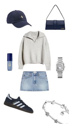 a woman's outfit and accessories are arranged in the shape of a hat, sweater, jeans shorts, sneakers, watch