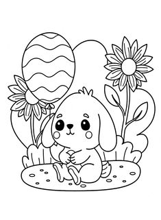 a cartoon dog sitting on the ground with flowers and balloons in the sky behind it