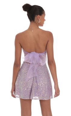 Sequin Glitter Strapless Fit and Flare Dress in Lilac | LUCY IN THE SKY Lilac Short Dress, Purple Hoco Dresses, Hobo Dress, Purple Hoco, Lucy In The Sky Dress, Light Purple Dress, Purple Mini Dress, Cute Formal Dresses, Tulle Mini Dress