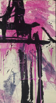 an abstract painting with pink and black colors