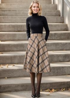 Cool Winter Fall Outfits, Wool Skirt Outfit Fall, Vintage Wool Skirt Outfit, Women Fall Casual Outfits, Professional Christmas Outfits, Vintage A Line Skirt, Library Chic Fashion, Plaid Skirt Tights Outfit, Modern Housewife Fashion