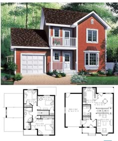 two story house plans with garage and living room on the first floor, one bedroom is above