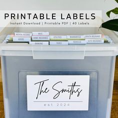 a large plastic container with labels on it and the words printable labels in black ink