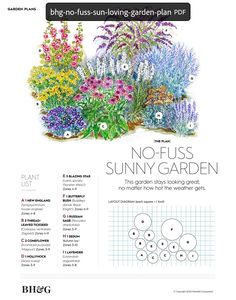 a garden plan with flowers and plants in the center, including an image of no - fusss sunny garden