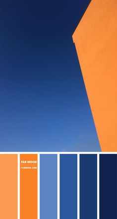 an orange building with blue sky in the background and color swatches for each section