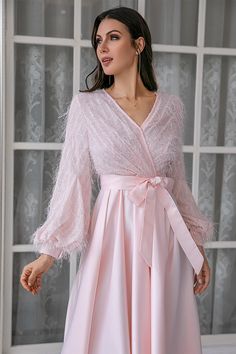 Pink Long Sleeves Wedding Party Dress Spring V-neck Dresses For Banquet, Chic V-neck Mini Dress For Wedding Guest, Elegant V-neck Wrap Dress For Spring, Feminine V-neck Midi Dress For Party, Winter Pink V-neck Midi Dress, Feminine A-line V-neck Dress For Party, Elegant V-neck Banquet Dress, Feminine V-neck Wrap Dress For Party, Pink V-neck Midi Dress For Wedding Guest