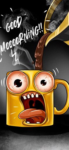 a yellow mug with an angry face and the words good mooding written on it