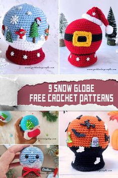 crochet patterns for snow globes and christmas decorations with text overlay that says 8 snow globe free crochet patterns