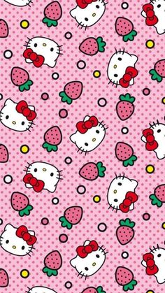 hello kitty wallpaper with strawberries and strawberrys on pink polka dotty background